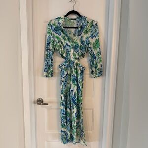 Zara Cream Maxi Dress with Blue & Green Paisley Print and Cutout